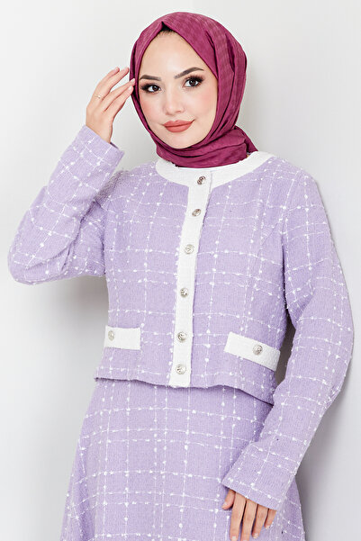 ModaMerve Lilac Tweed Suit with Skirt and Jacket - 1140S982-M