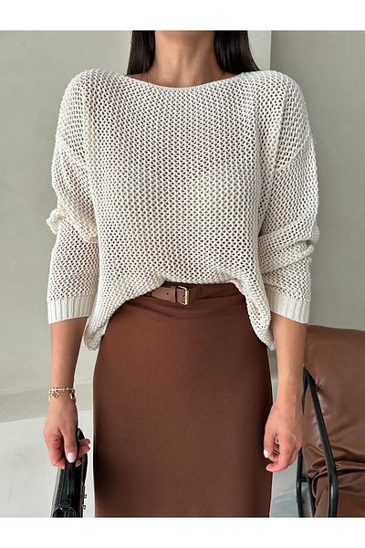 Laluvia Cremefarbener, durchbrochener, bequem geschnittener Pullover 4051