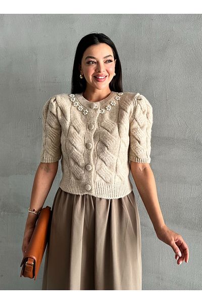 Laluvia Kamenný límec Květinový pletený Cardigan s polovičním rukávem-4541