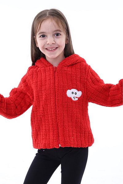 aden kids Red Unisex Children's Checkered Plush Cardigan - with Lining Detail, 1-5 Years, Winter