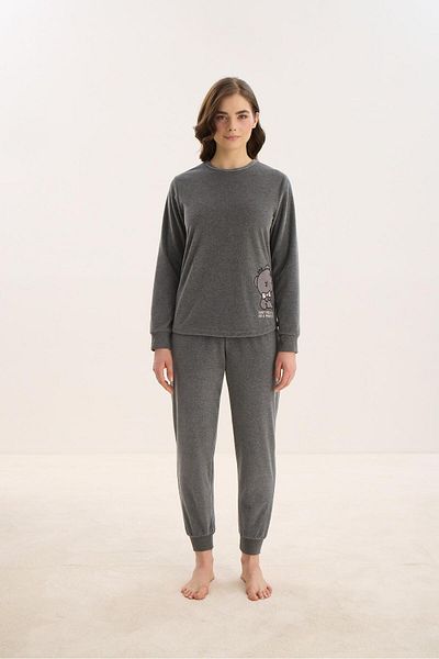 Sevim Women's Long Sleeve Anthracite Velvet Pajama Set C3T8N0O61