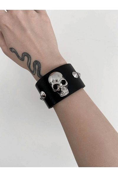 DarkellaStore Gothic Punk Skull Barbed Faux Leather Bracelet