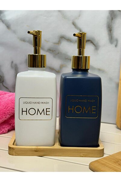 Kapris 2 li Bambulu Kare Cam Sabunluk Seti Beyaz-Lacivert