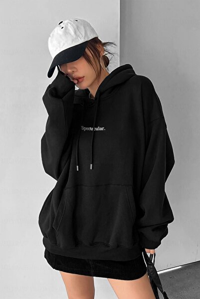 Jooy Company Hanorac negru cu glugă - Hanorac pentru femei cu imprimeu Specta...