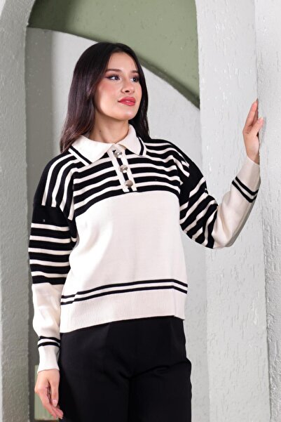 ZEYWEAR Polo Yaka Çizgili Kazak