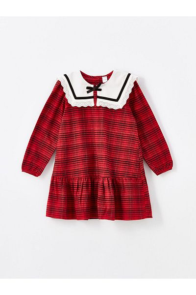 LC Waikiki Baby Collar Long Sleeve Plaid Patterned Girl's Dress