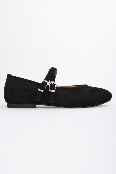 Shoeberry Women's Fiesty Black Suede Double Strap Ballerinas