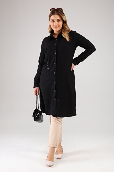 Ferace Women's Large Size Rhinestone Ayrobin Gomlek Tunik Black