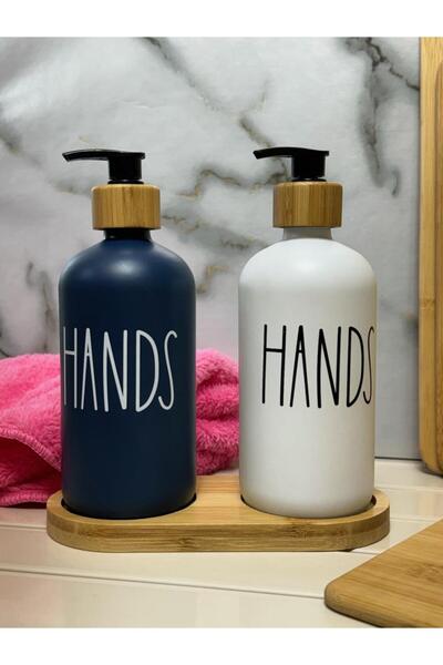 Kapris 2 li Bambulu Yuvarlak Cam Sabunluk Seti Beyaz-Lacivert