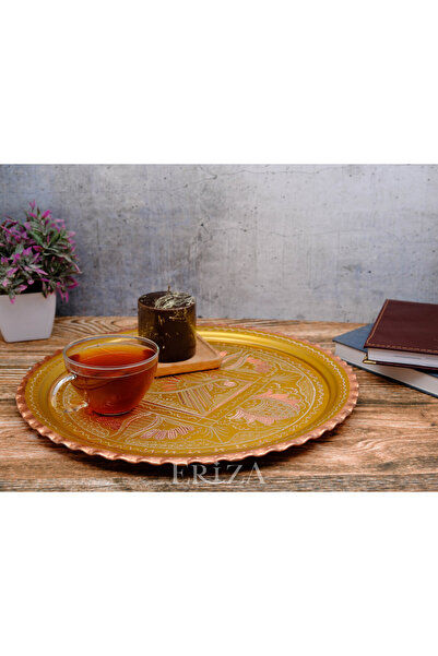 ERİZA Round Embroidered Copper Serving Tray 35 cm