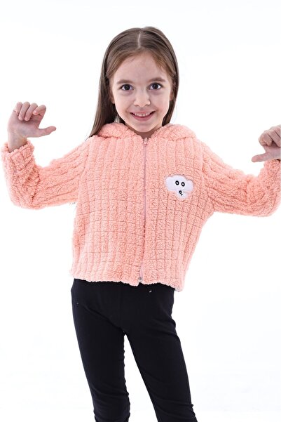 aden kids Salmon Color Unisex Children's Checkered Plush Cardigan - Lined Detail, 1-5 Years, Winter