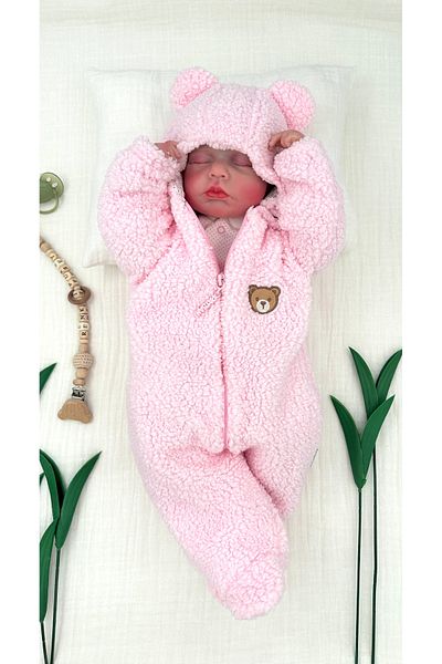 Renkli Puset Plush Fleece Jumpsuit for Baby Girl - Sleeping Bag with Hood, Zipper and Teddy Bear