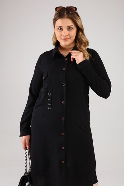Ferace Women's Large Size Rhinestone Ayrobin Gomlek Tunik Black