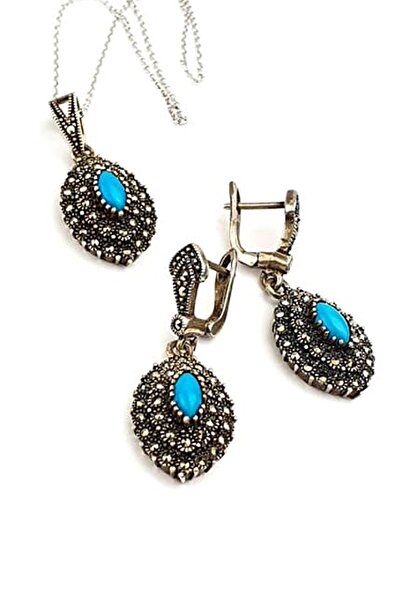 OSESHOP Turkuaz taşlı markazit taş detaylı 925 ayar gümüş set takım