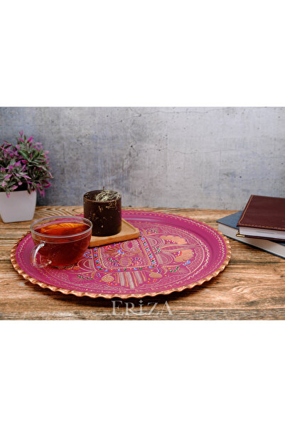 ERİZA Round Embroidered Copper Serving Tray 35 cm