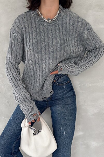 FEMELLE Women's Gray Standard Size Off-Shoulder Ripped Knitwear Sweater