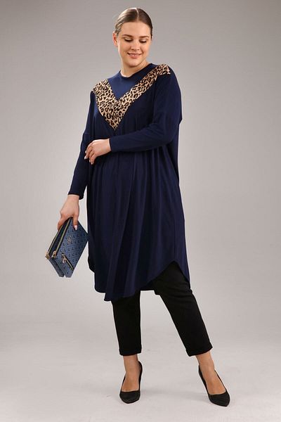 Ferace Long Sleeve Large Size Women's Sequin Hijab Tunik Navy Blue Leopard