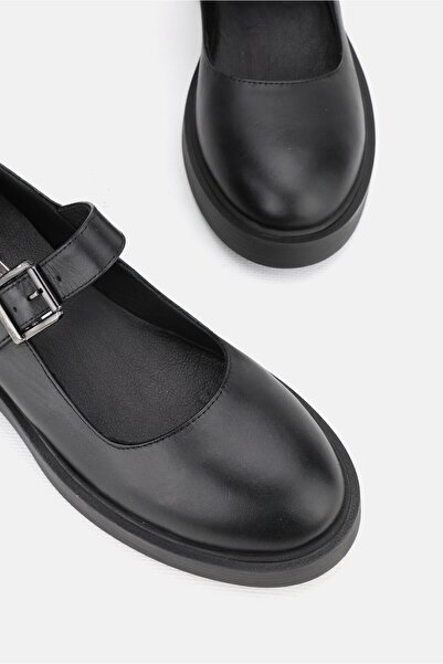 TUNAELLİ Women's Black Genuine Natural Leather 36-41 Number Buckle Strap Shoes
