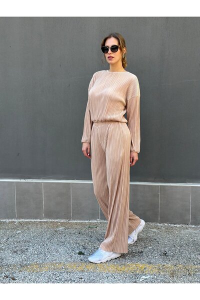 ileenofficial Dekot Piliseli Pantalon Bluz Pudra Takım