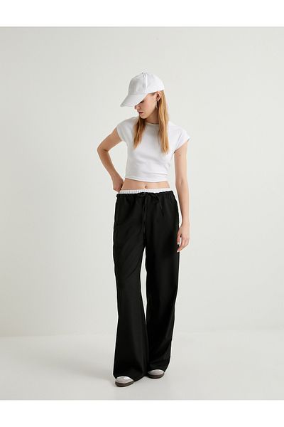Koton Wide Leg Trousers Double Waist Layer Tie Waist