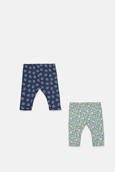 Tchibo بنطال ضيق مطبوع للبنات الصغار، قطعتان، باللون الأزرق الداكن والأخضر