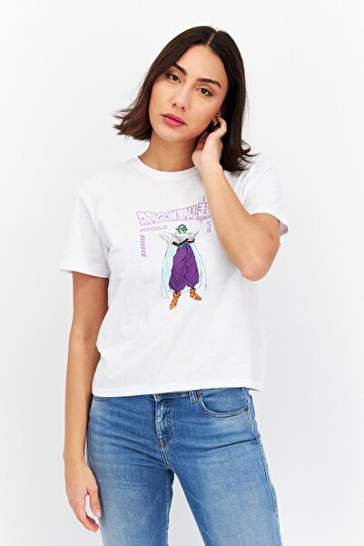 Dragon Ball Z تي شيرت نسائي برسومات جرافيكية بأكمام قصيرة ورقبة دائرية، أبيض