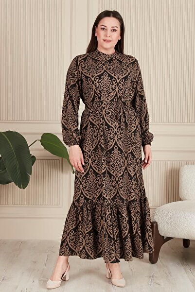 Ferace Large Size High Collar Viscose Hijab Dress - Fabric Pleated and Pleated