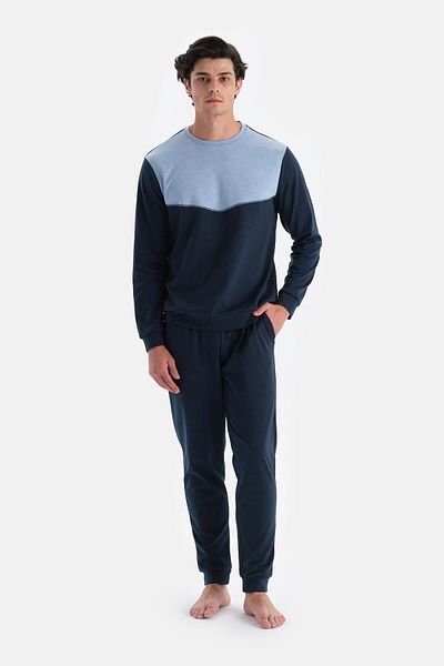 Dagi Σετ πιτζάμες με μακρυμάνικο παντελόνι Jogger Indigo Melange Crew Neck