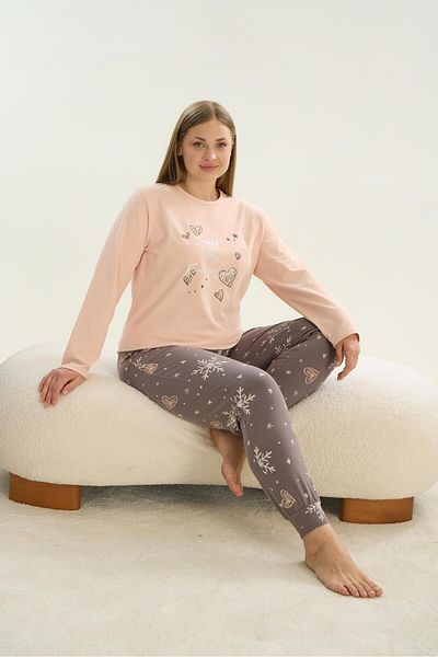 Sevim Plus Size Salmon Long Sleeve Pajamas Set - C7T1N0O61