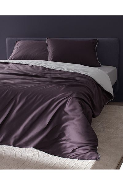 Madame Coco Verne King Size White/Plum Satin Duvet Cover Set - 100% Cotton, 208 Tc Printed