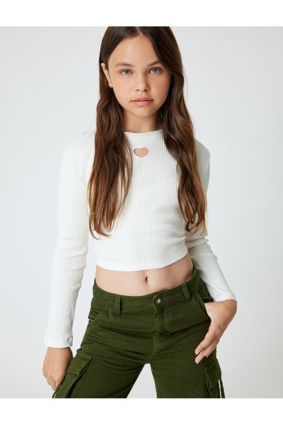 Koton Basic Crop T-Shirt with Heart Window Detail - Long Sleeve, Crew Neck