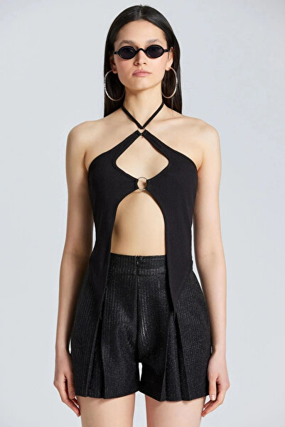 World Fashion Trends WFT2577 Bluză neagră cu cravată și detaliu inel