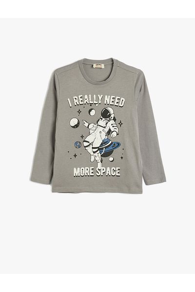 Koton Long Sleeve Cotton T-shirt - Space Print, Crew Neck