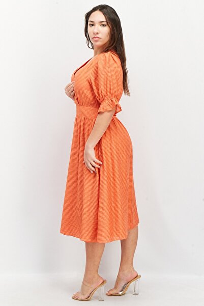 Esprit Women V-Neck Short Sleeve Stripe Midi Dress, Orange