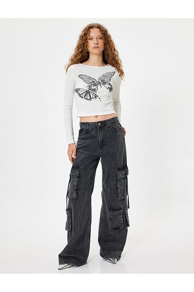 Koton Butterfly Printed Slim Fit Long Sleeve T-Shirt - Wrap Crew Neck