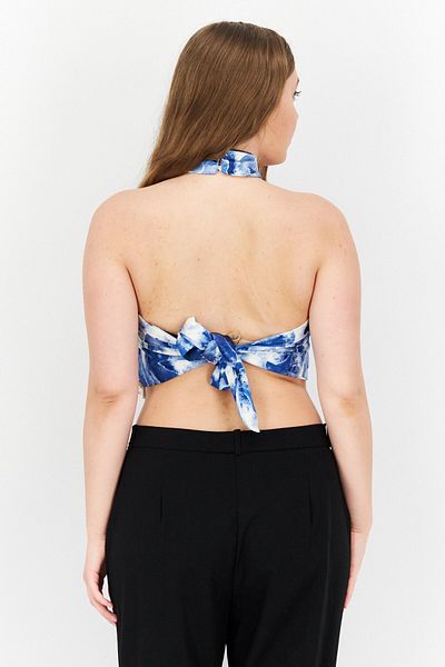 Royalty By Maluma Women Halter Neck Sleeveless Abstract Print Satin Top, Blue Combo