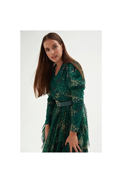 rapellin Βραδινό φόρεμα από τούλι με διπλό γιακά με στάμπα 1773-πράσινο