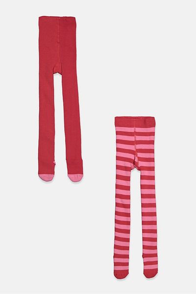 Tchibo Toddlers Girl 2 Pieces Solid And Stripe Thermal Tights, Pink