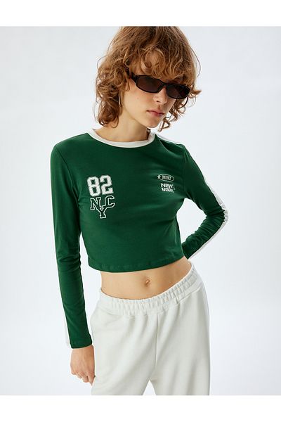 Koton College Printed Crop T-shirt - Crew Neck, Ribbed Slim Fit