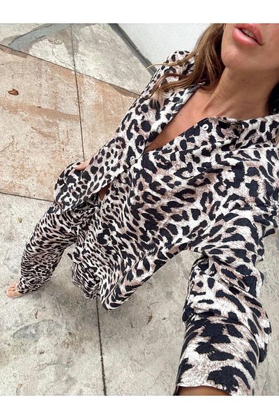 Maldia Shop Women's Leopard Pattern Brown Shirt Pants Set with Elastic Waist
