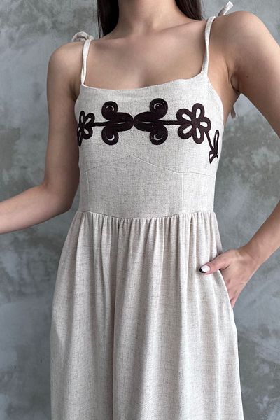 Ded COLLECTION Rochie lungă de vară cu bretele brodate din in - Trend cu buzunar