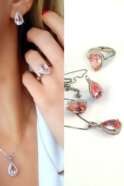 OSESHOP sky Diamond Pink Morganit Taşlı 925ayar Gümüş Lüks Damla Set Takım yüzük
