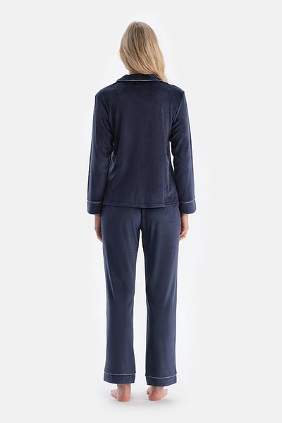 Dagi Navy Blue Embroidery Detailed Velvet Shirt Pants Pajama Set