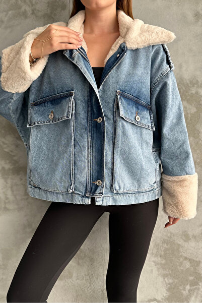 macharel jeans Синя джинсова куртка з деталями з пелюсток