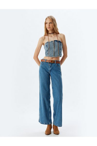Koton Loose Cut Stripe DetailedWideLeg Jeans - Buttoned PocketWideLeg Trousers