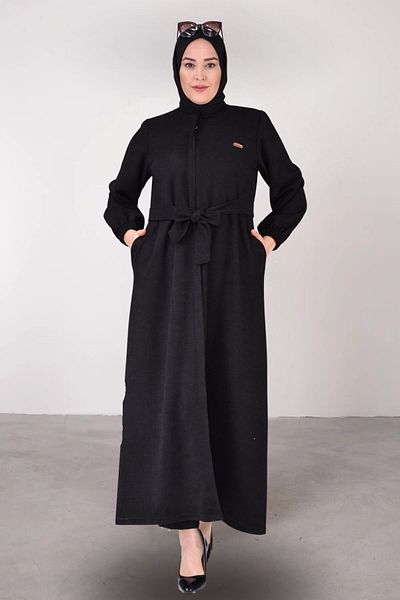 Ferace Large Size Women's Long Top Coat with Tie Waist, Winter Black
