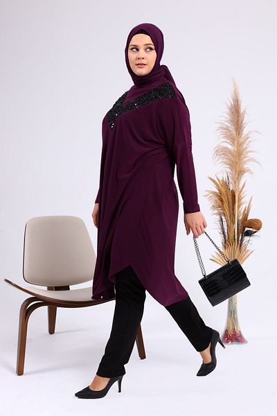 Ferace Long Sleeve Large Size Women's Sequin Hijab Tunik Plum