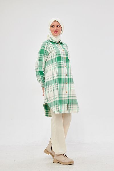 Giyim Gezegeni Single Pocket Sleeve Elastic Checked Striped Women's Winter Lumberjack Tunic Shirt