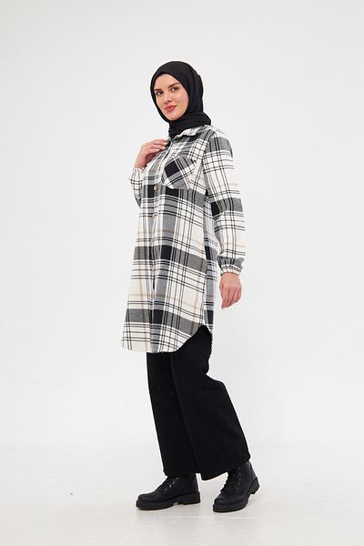 Giyim Gezegeni Single Pocket Sleeve Elastic Checked Striped Women's Winter Chanel Tunic Shirt