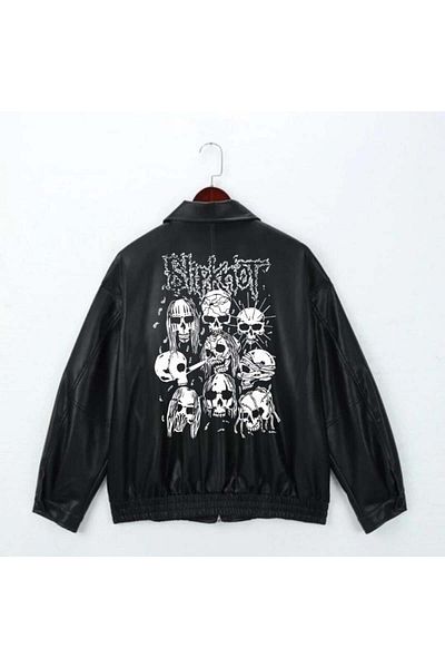 Touz Moda Rock Series Slipknot Printed Streetwear Μαύρο Oversize Unisex Δερμάτινο μπουφάν με επένδυση